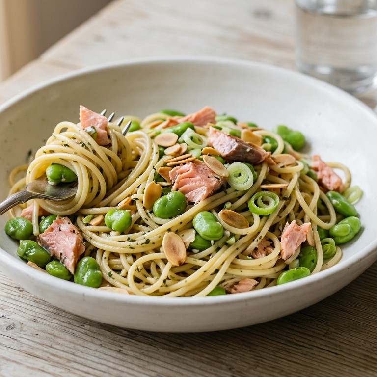 Spaghetti met zalm, tuinbonen en amandelen