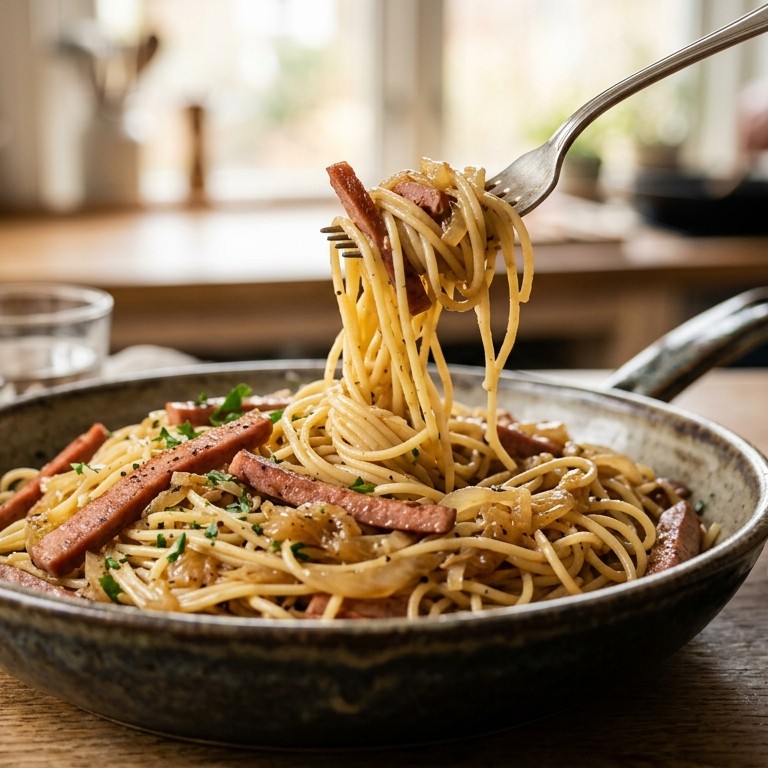 Spaghettini met boterhamworst en ui