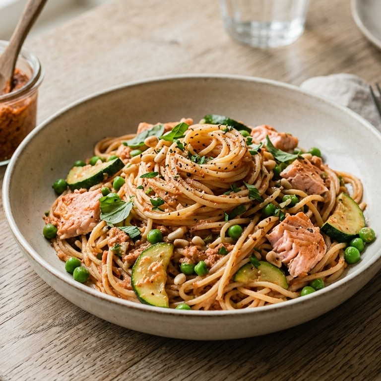 Spaghettini met zalm en pesto