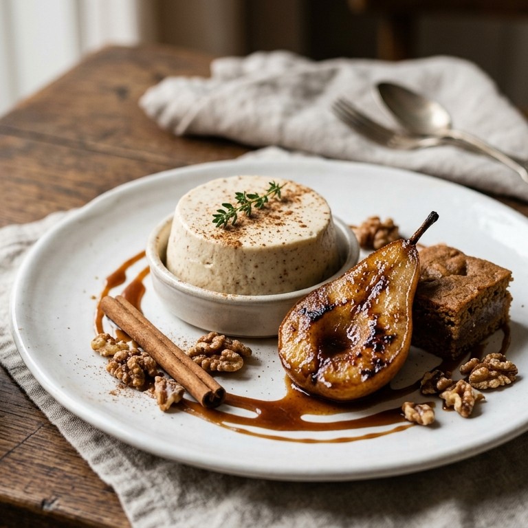 Speculaasparfait met gebakken peer, walnoten en gevulde speculaas