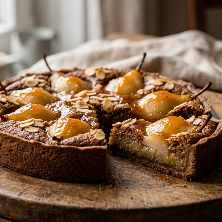 Speculaastaart met amandelspijs, abrikozenjam en peren