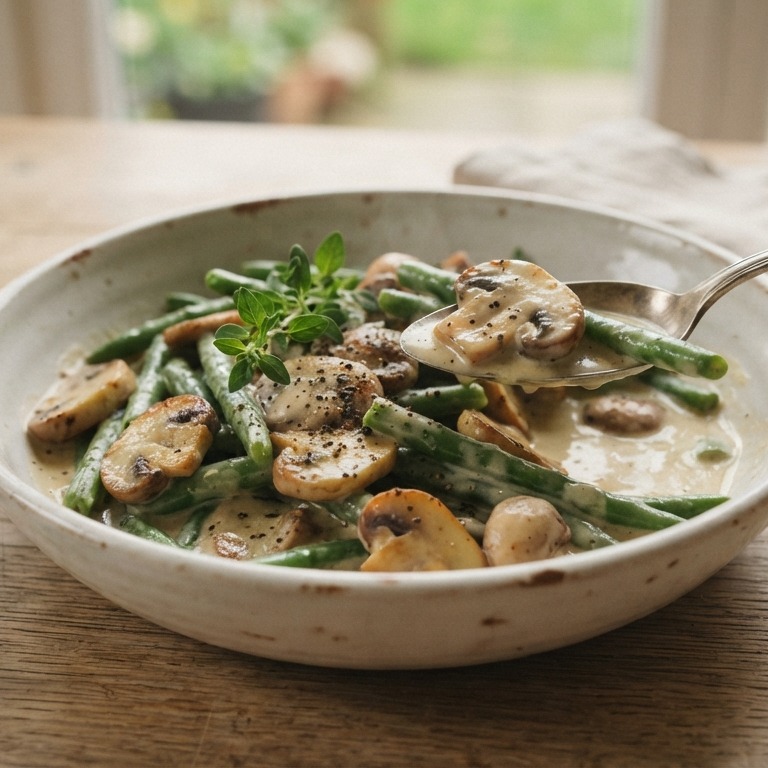 Sperziebonen met bonenkruid en champignons