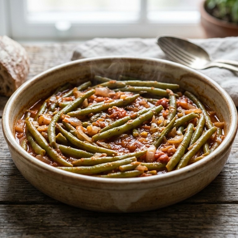 Sperziebonen met ui en tomatensaus