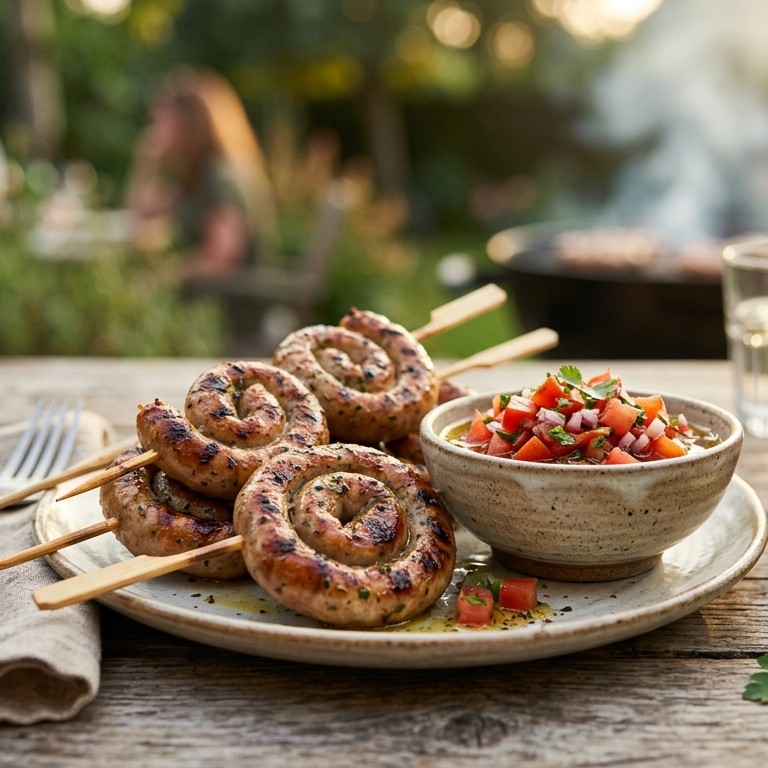 Spiesje met opgerold chipolataworstje en verse tomatensalsa
