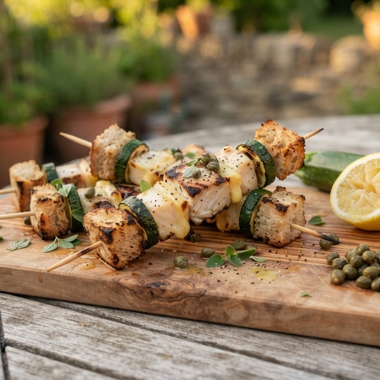 Spiesjes met zwaardvis en scamorza