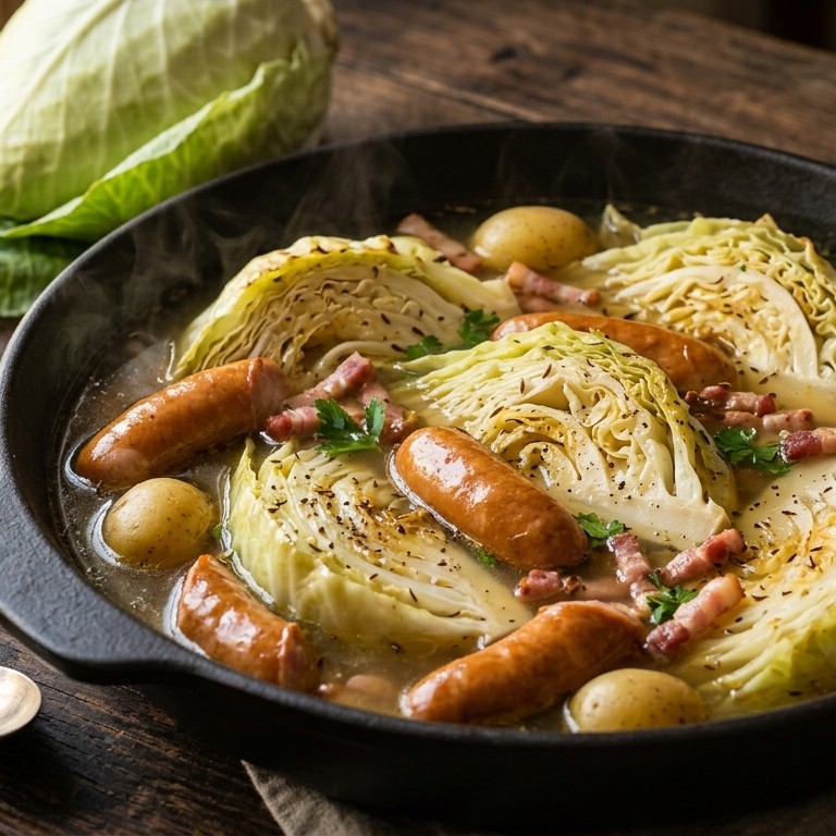 Spitskool in kippenbouillon met rookworst en spekjes