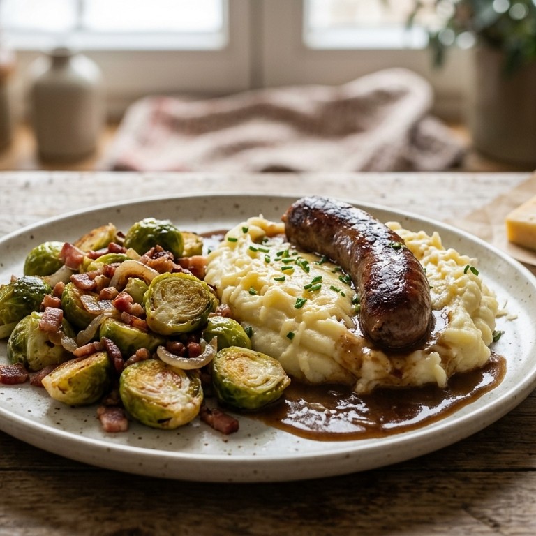 Spruiten met spek, uitjes en aardappelpuree