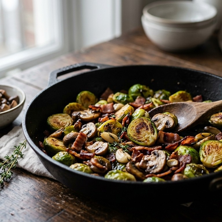 Spruiten met uitgebakken spek en champignons