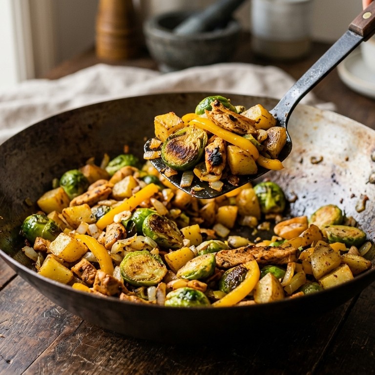 Spruitjesroerbak met gele paprika