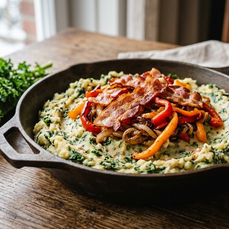 Stammpot boerenkool met ontbijtspek en paprika