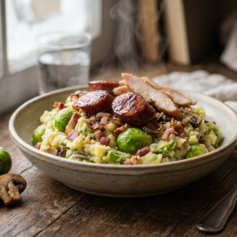 Stampot met spruitjes, spek, ui, champignons