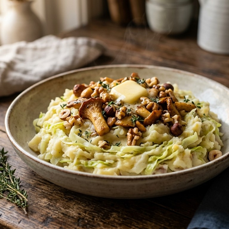 Stamppot spitskool met noten en paddestoelen