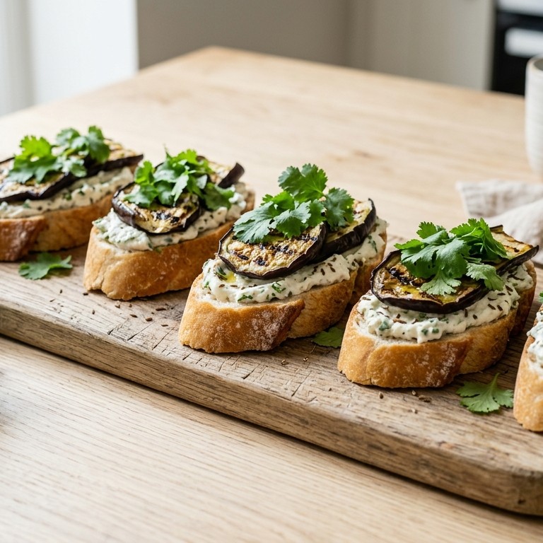 Stokbrood met Indiaas gekruide kwark en aubergine