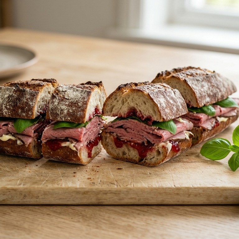 Stokbrood met rosbief en rode jam