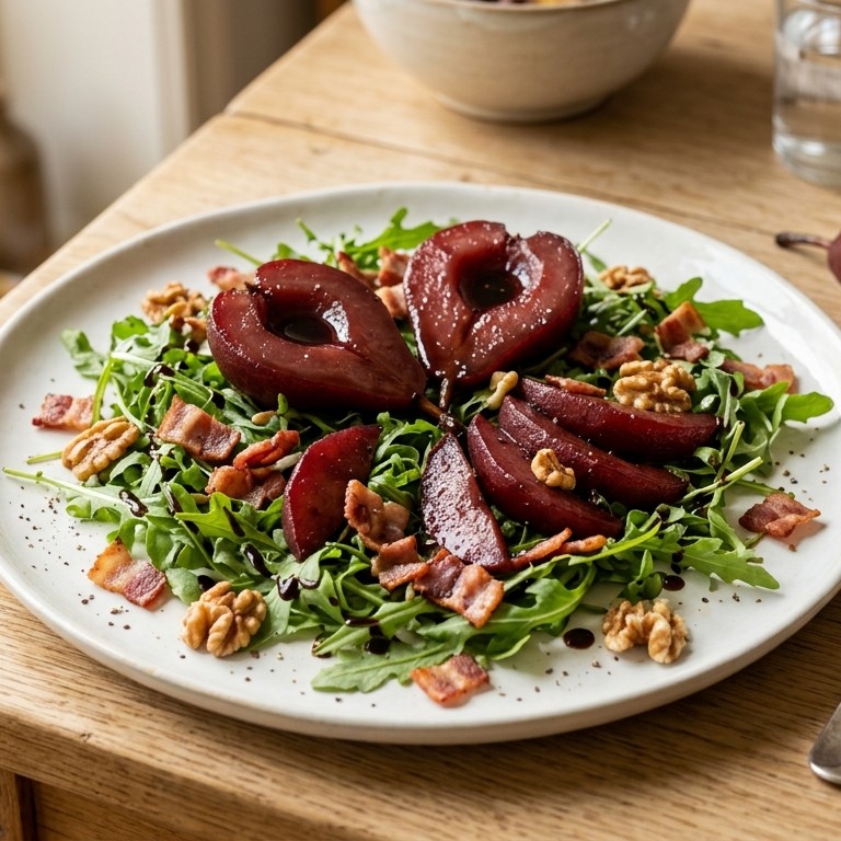 Stoofpeertjes salade met rucola en spek