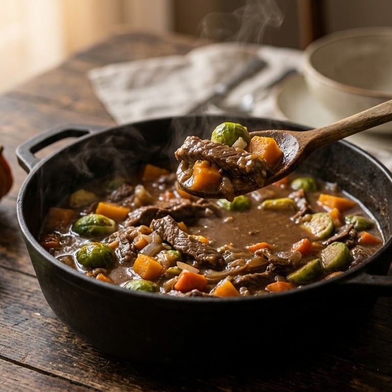 Stoofschotel met spruitjes en pompoen