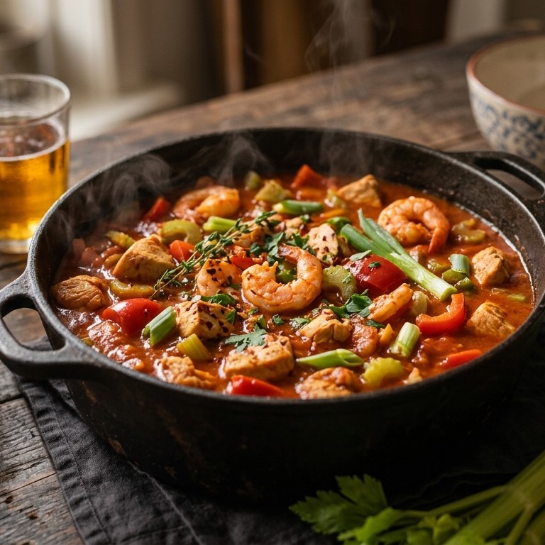 Stoofschotel van kipfilet met garnalen en cajunkruiden