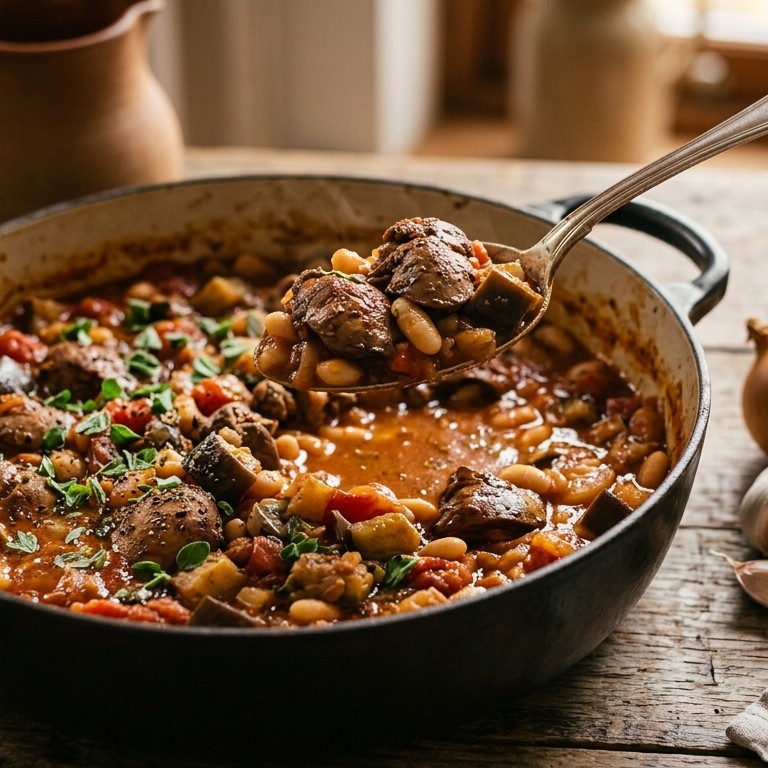 Stoofschotel van kippenlevertjes met witte bonen en aubergine