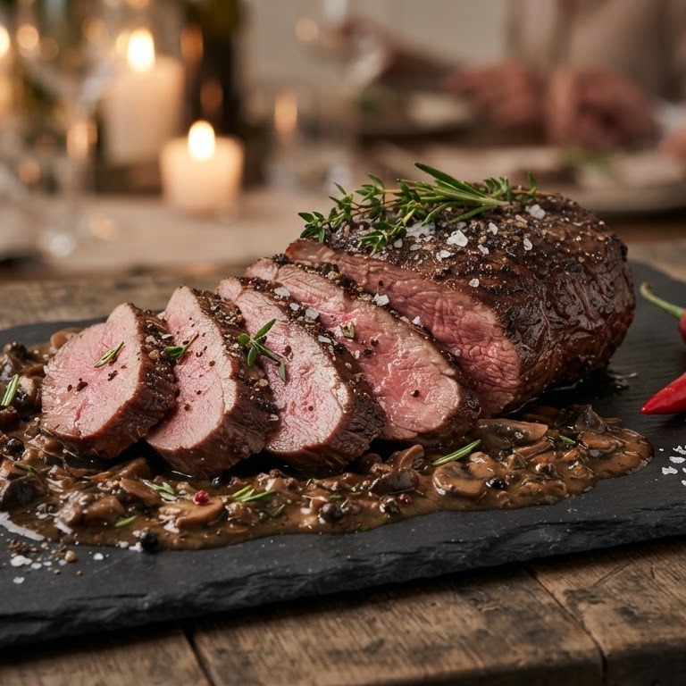 Struisvogelsteak met pittige pepersaus