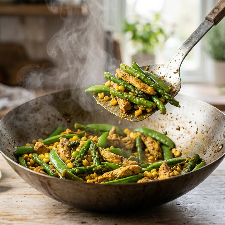 Sugar snaps met groene asperges in de wok