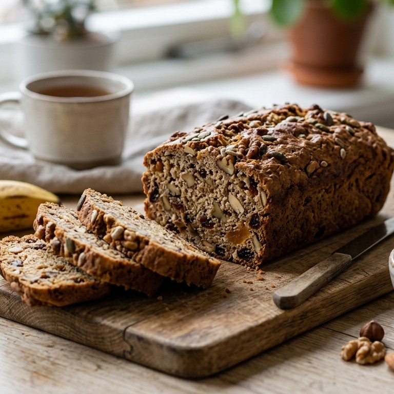 Suikervrij bananenbrood met noten en fruit