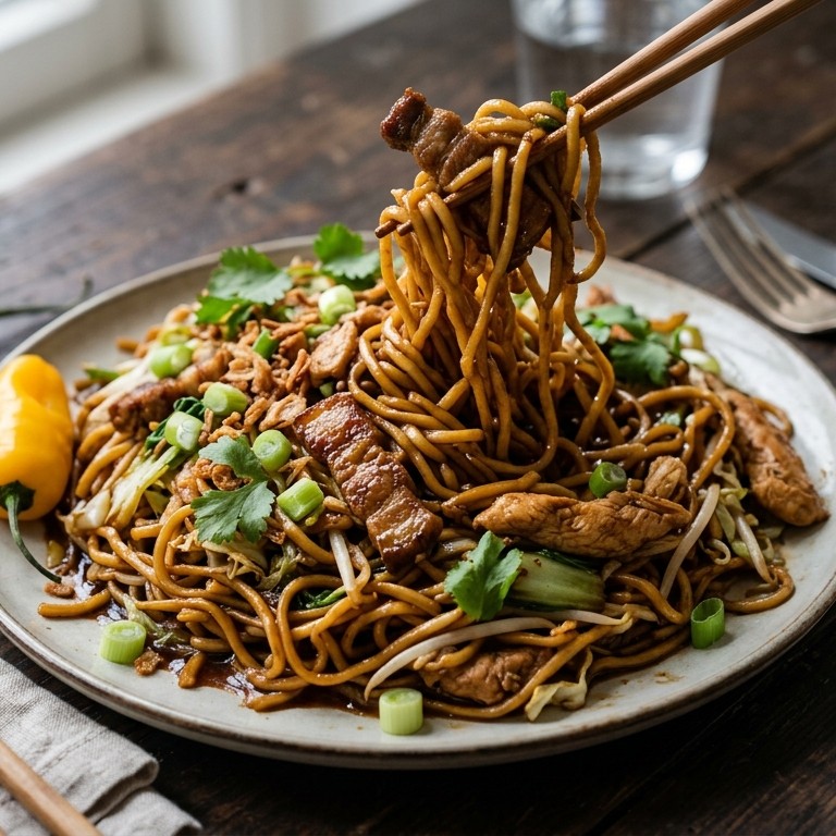 Surinaamse bami met surinaamse pindasaus