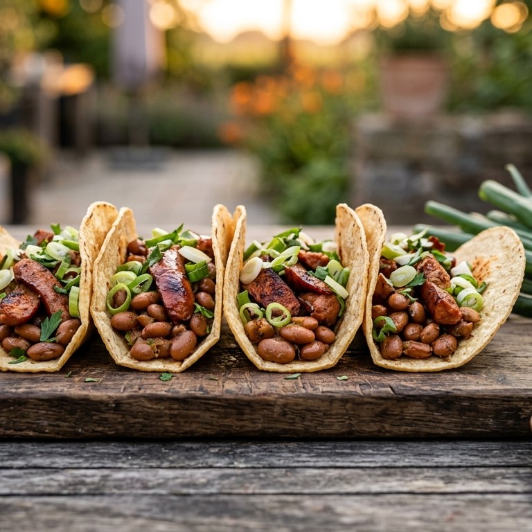 Taco's met grillworst en bruine bonen