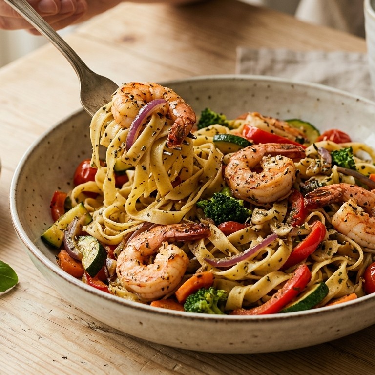 Tagiatelle met roerbakgroenten en garnalen