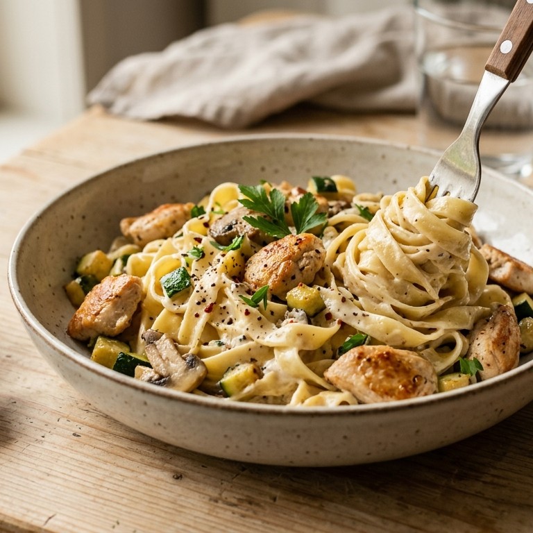 Tagliatella met kip en courgette/ champignonroomsaus
