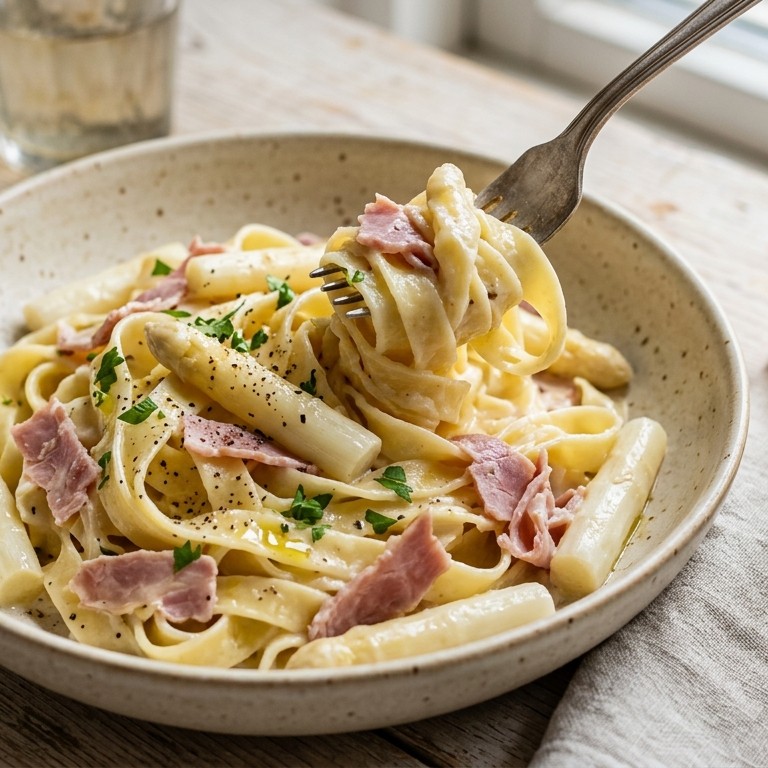 Tagliatelle met asperges en ham
