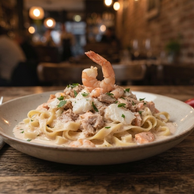 Tagliatelle met een variateit van vis en een romige vissaus