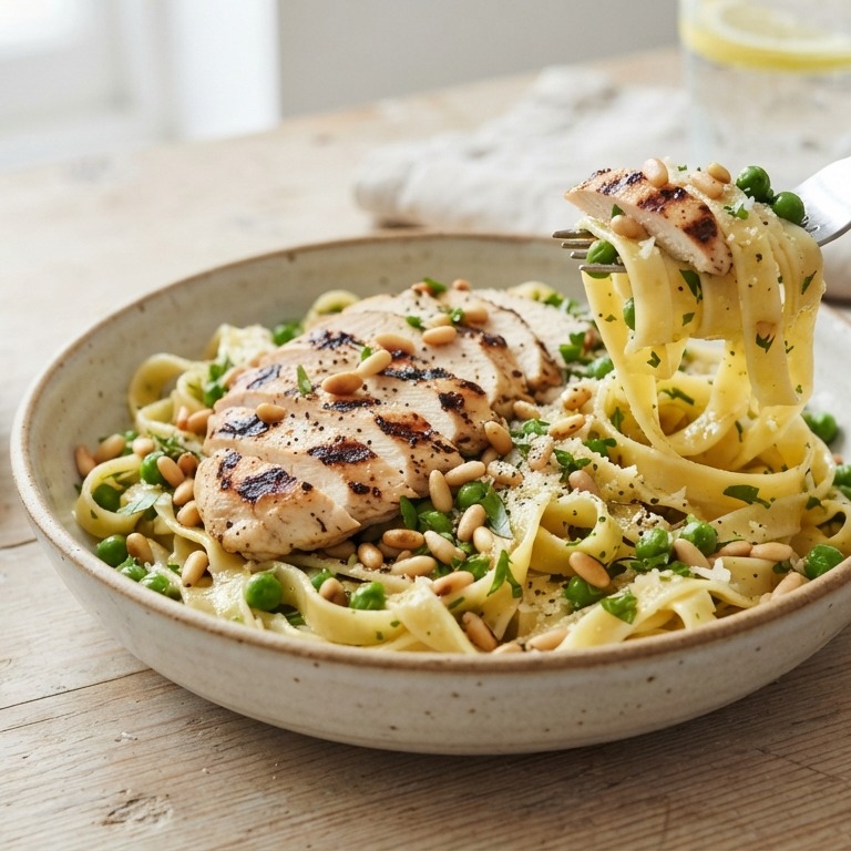 Tagliatelle met gegrilde kip en pijnboompitten