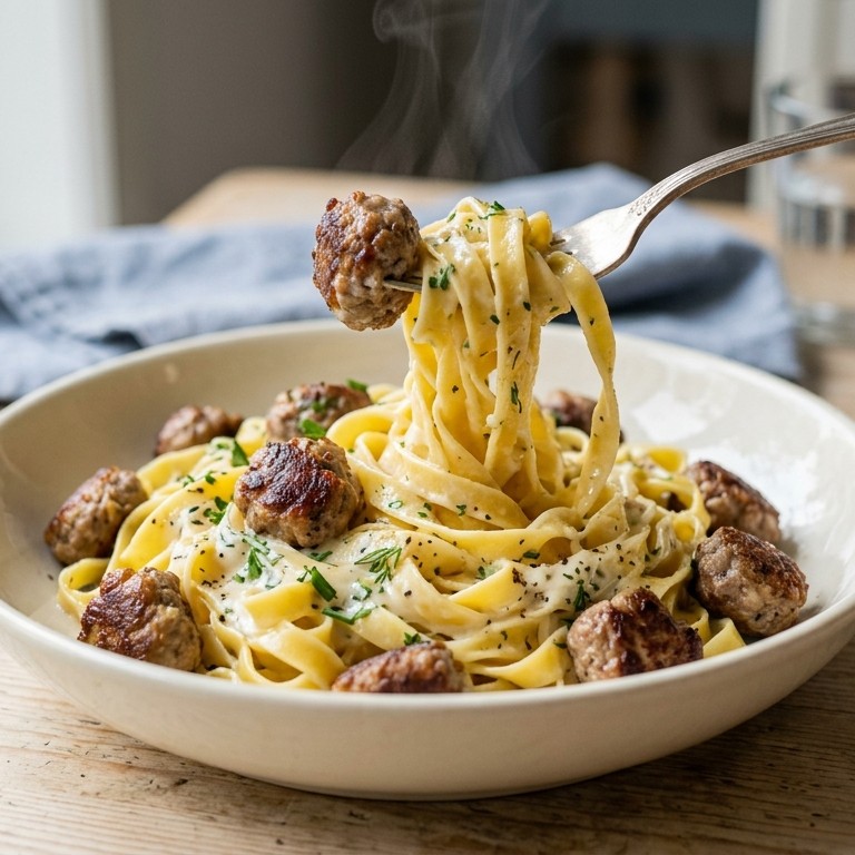 Tagliatelle met gehaktballetjes in roomsaus