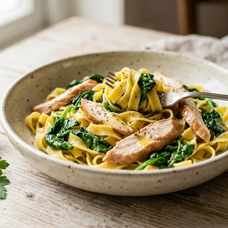 Tagliatelle met gerookte kipfilet en spinazie