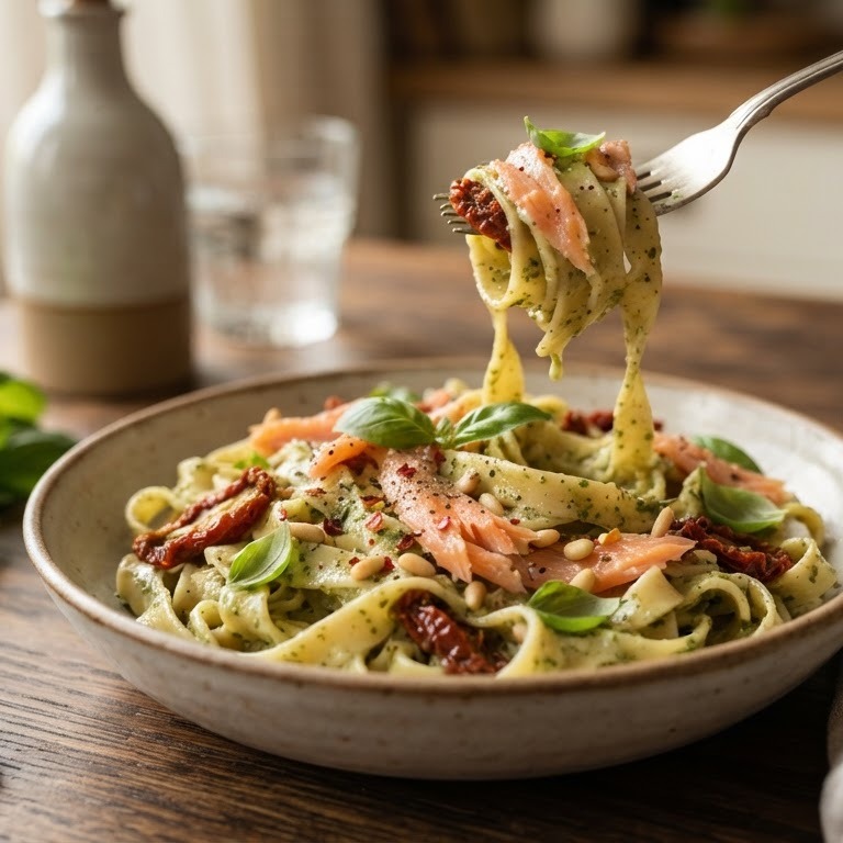 Tagliatelle met gerookte zalm en pesto-roomsaus