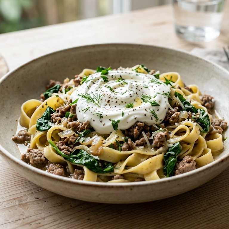 Tagliatelle met mager rundergehakt en yoghurt