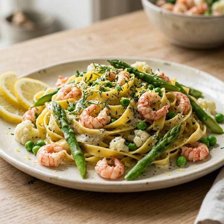 Tagliatelle met rivierkreeftjes, lentegroente en kruidenroom