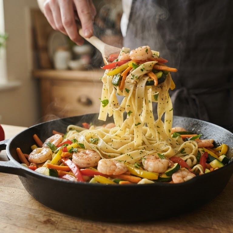 Tagliatelle met roerbakgroenten en garnalen