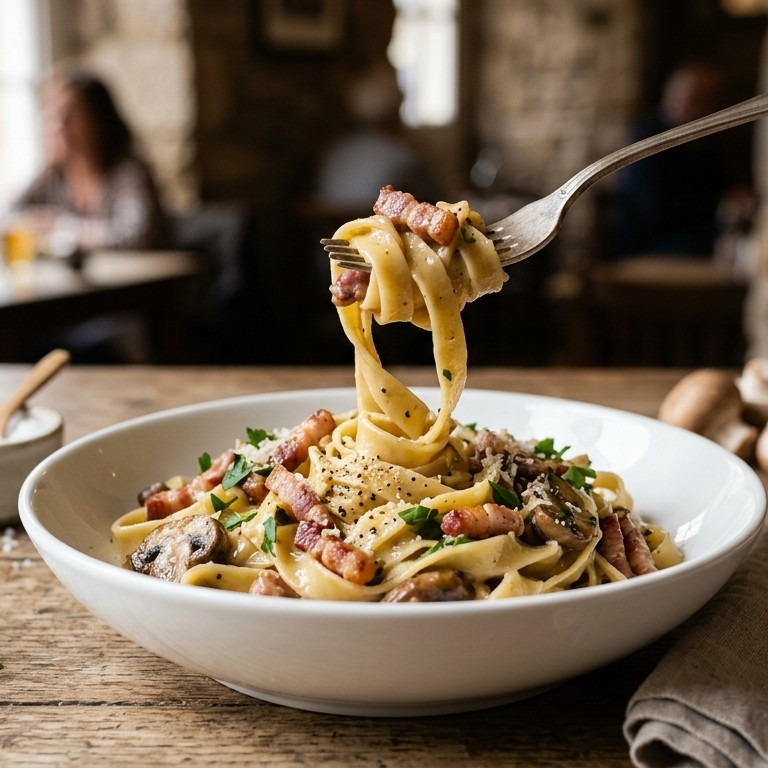 Tagliatelle met spek en tagliattella roomsaus