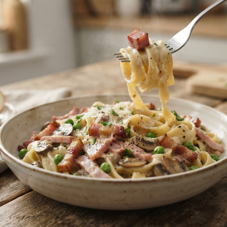 Tagliatelle met spekjes en ham