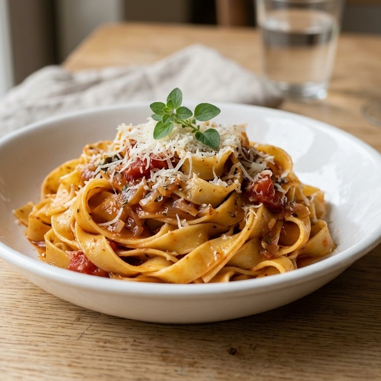 Tagliatelle met tomatensaus, sjalotjes en knoflook