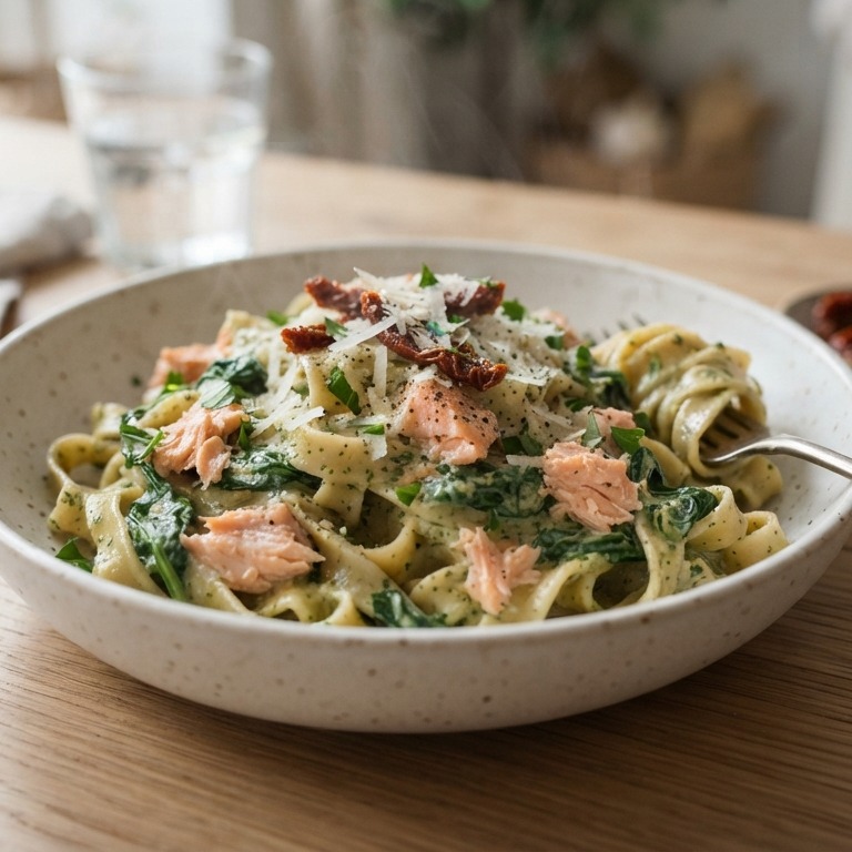 Tagliatelle met zalm en spinazie