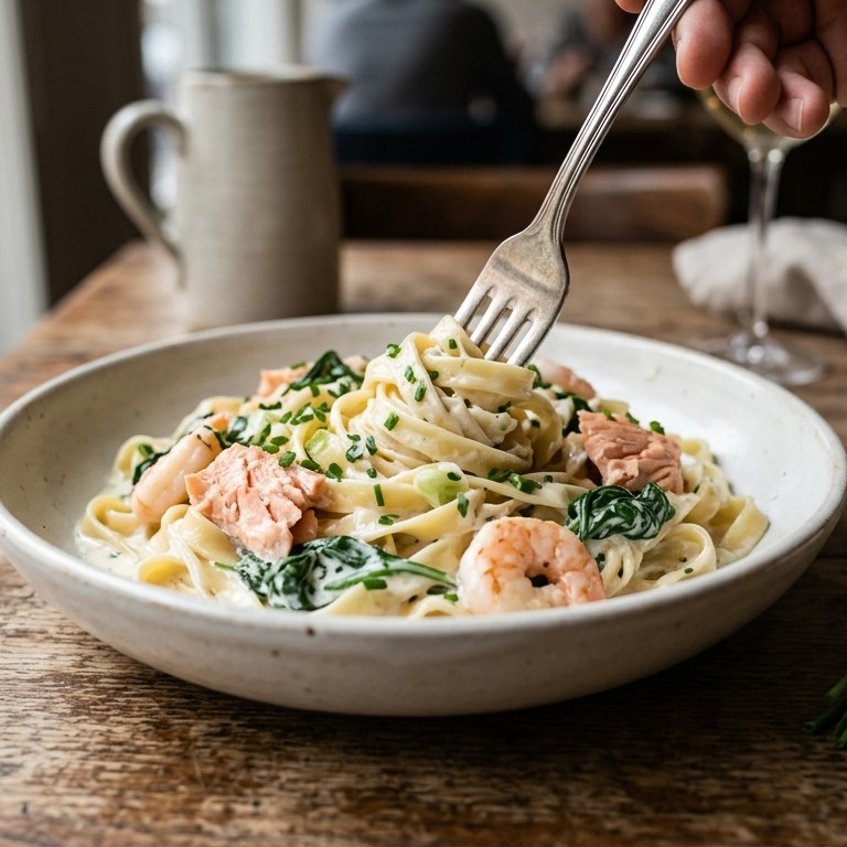 Tagliatelle met zalm, garnalen en spinazie