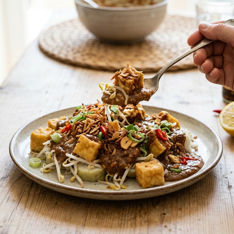 Tahoe ketoprak (tahoe met taugé in ketjapsaus)