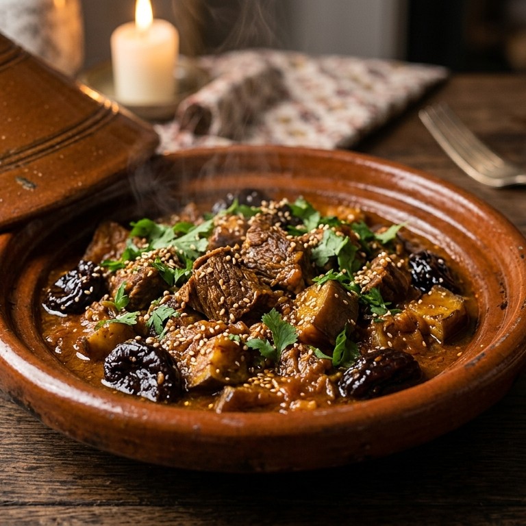 Tajine met rundvlees, aubergine en pruimen