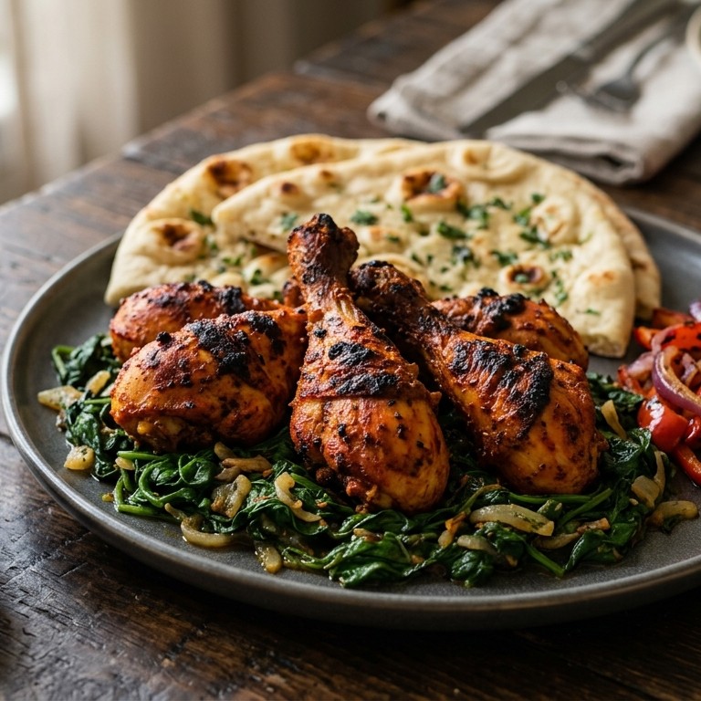 Tandoori drumsticks met spinazie