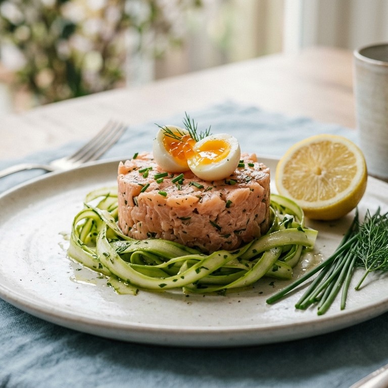 Tartaartje van wilde zalm met spaghetti van sliertasperge