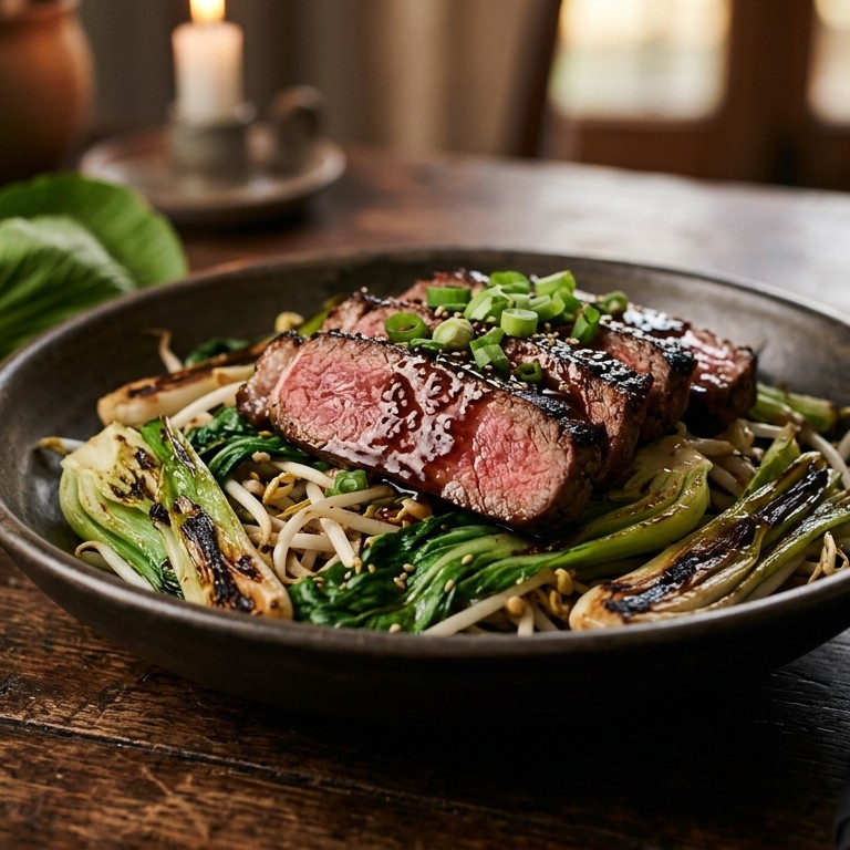 Terriyakisteak met lente-uitjes en paksoi