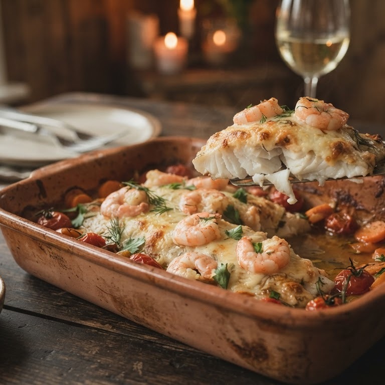 Tilapia uit de oven met roze garnalen