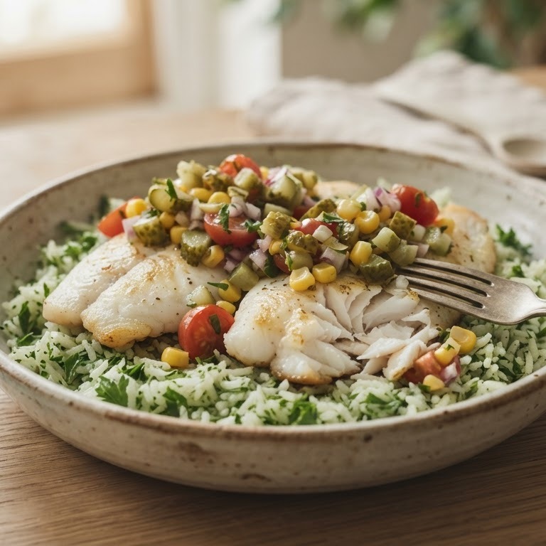 Tilapiafilets met augurkensalsa en peterselierijst